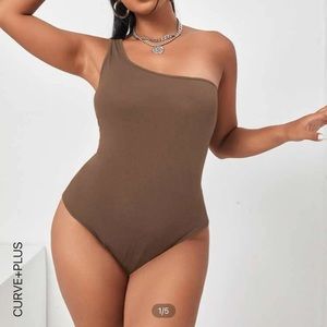 One shoulder brown body suit